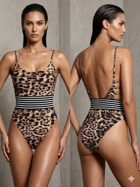 Tu Resort Leopard Print Studded One Piece Swimsuit/Bodysuit, UK Size 8